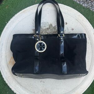 Tory Burch black canvas and patent leather tote bag